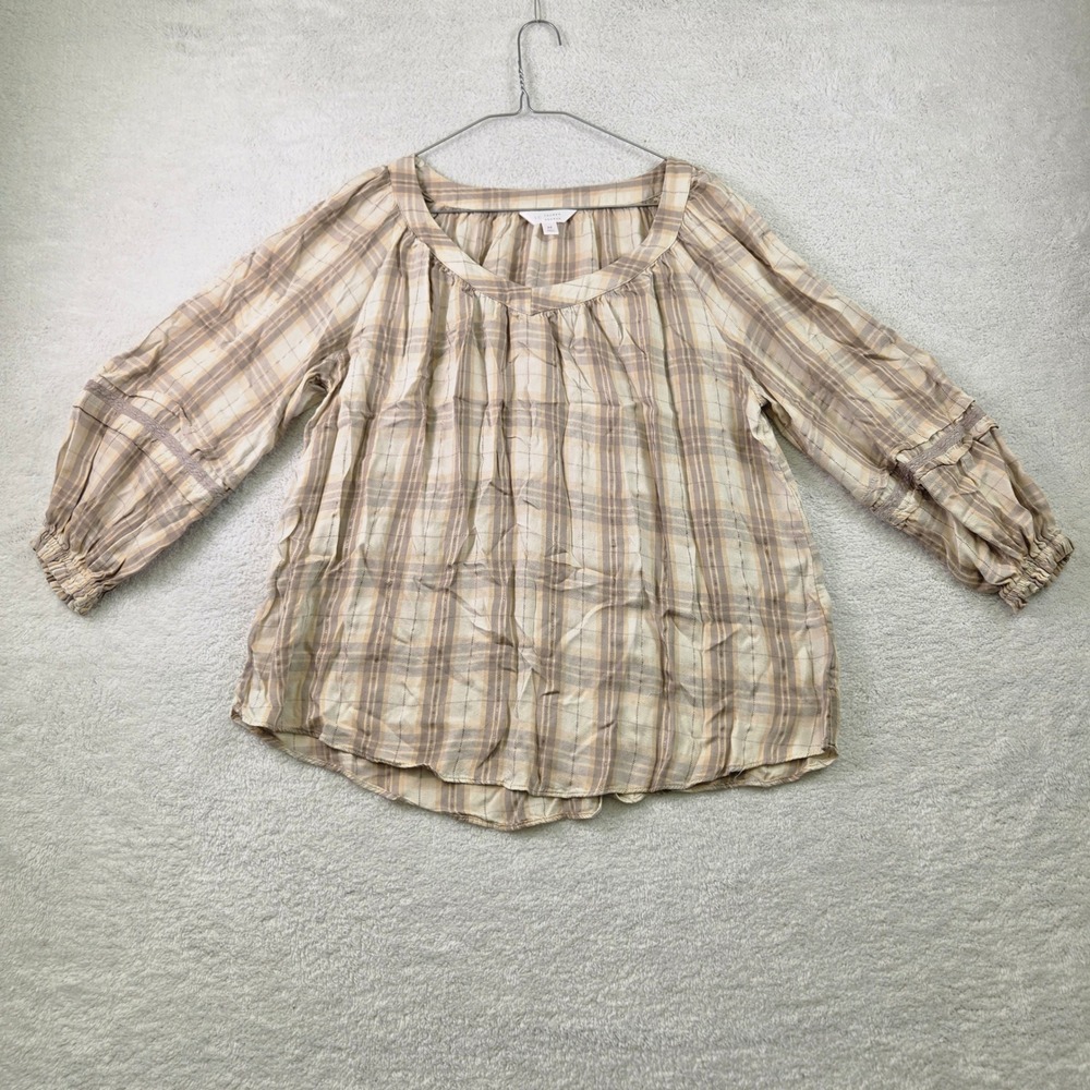 LC Lauren Conrad Womens Plaid Metallic Shimmer Peasant Blouse Tan Beige Medium